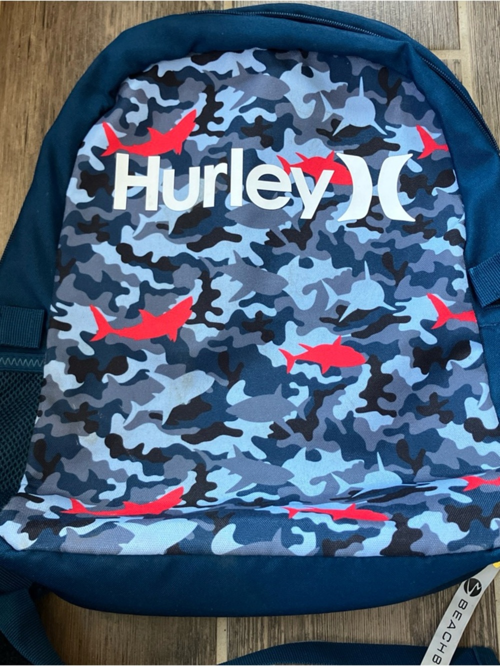 Hurley Blue Camouflage Shark Print Backpack with Red Accents